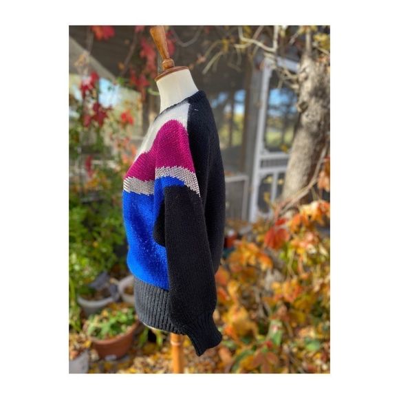 80s Color Block Knit Sweater Crew New Wave Colour Block Sz M - Picture 5 of 13